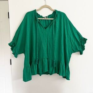 Umgee Linen Emerald Kelly Green Ruffle-Hem Flowy Tunic Top 1XL